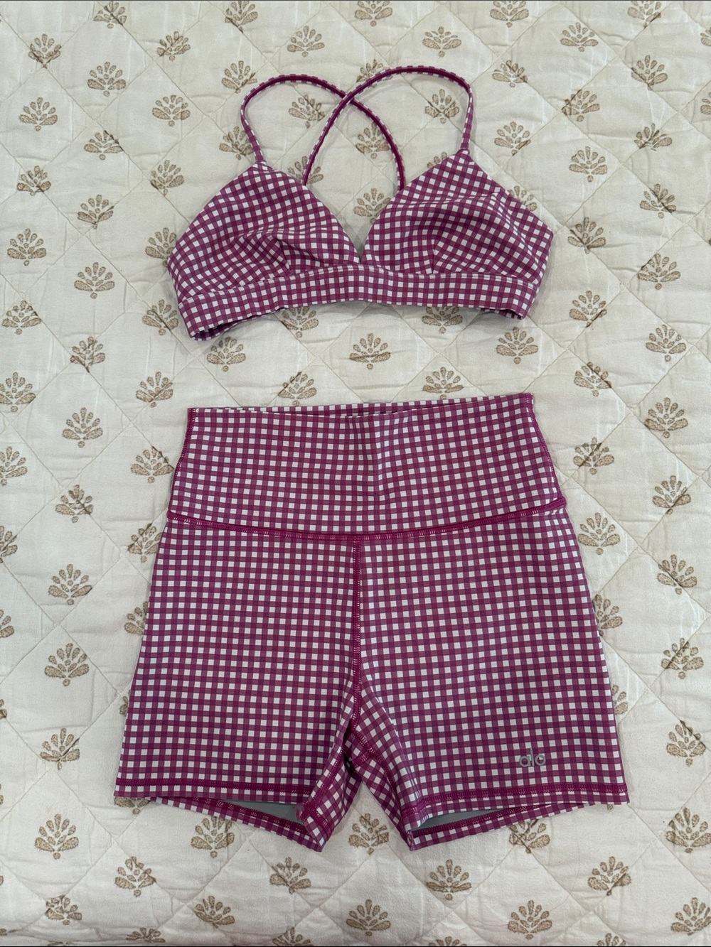 Alo Gingham Crop Bralette & High-Waist Bike Shorts Set - Pink